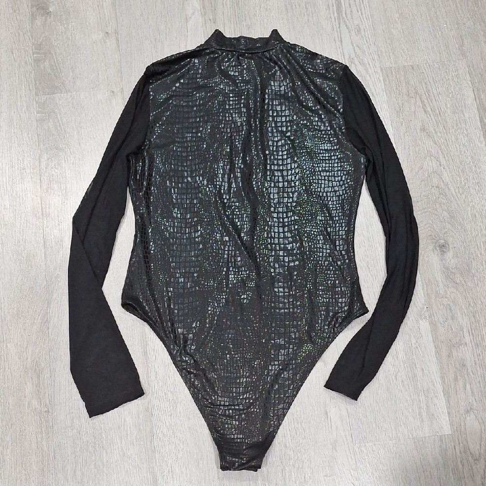 Black Long Sleeve Bodysuit with Textured Crocodile Design with Mesh Sleeves- L - Picture 2 of 8